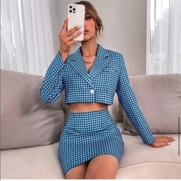 ZARA BLAZER CHECKED CROPPED LAPEL COLLAR & SKIRT - Picture 2 of 16